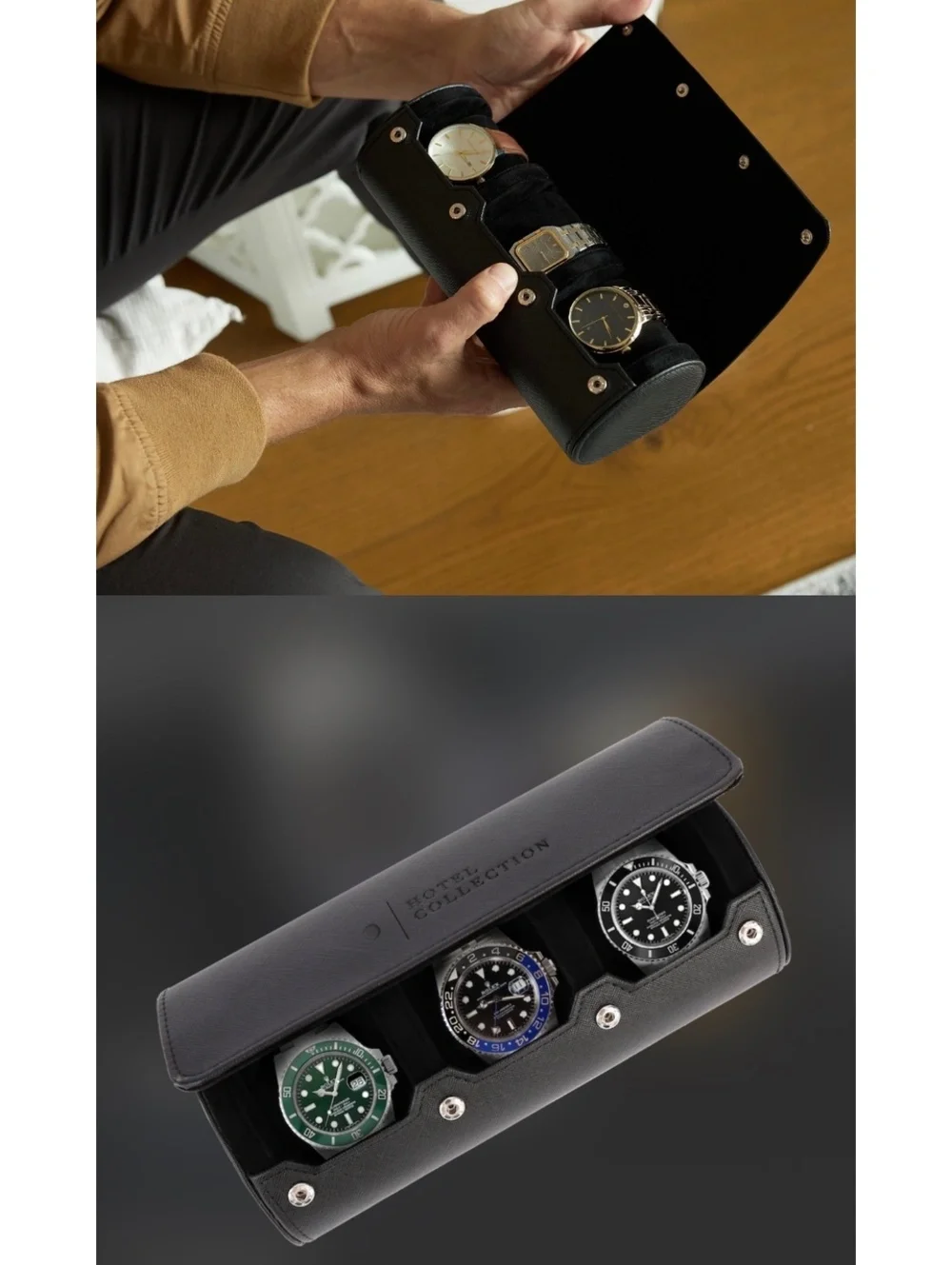 Hotel Collection Travel Watch Case #1 - Black PU Leather, Holds 3 Watches
